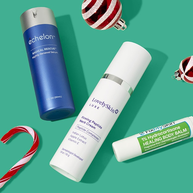 Echelon serum, a LovelySkin LUXE neck cream and FixMySkin 1% Hydrocortisone Healing Body Balm on a green background.