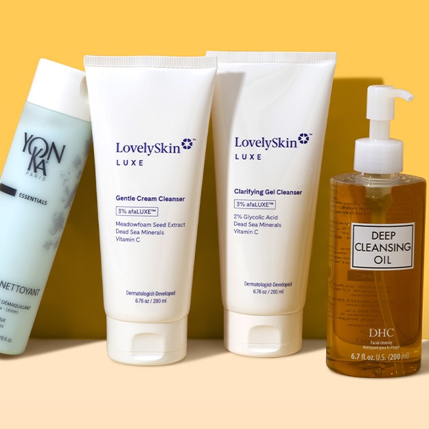 Yellow background featuring cleansers from Yon-ka Paris, LovelySkin LUXE, and DHC.