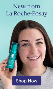 Smiling woman holding La Roche-Posay bottle with text new from la roche-posay.