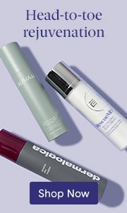 Head-to-toe rejuvenation skin care products on light purple background