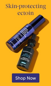 Two products on a yellow background with text skin-protecting ectoin and a shop now button.