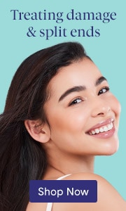 Smiling woman with healthy-looking dark hair with text 'Treating damage & split ends' and 'Shop Now' button