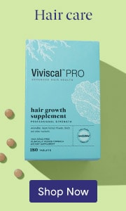 Viviscal PRO hair growth supplement box with tablets on green background.