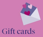 Gift cards with illustrated envelope and hearts on pink background.