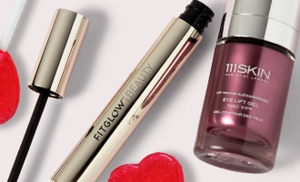 Eye love you collection with mascara and eye treatment products surrounded by red hearts.