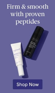 Peptide skin care products including SkinCeuticals Tripeptide-R Neck Repair and SkinMedica TNS Advanced+ Serum displayed on purple background with text 'Firm & smooth with proven peptides' and 'Shop Now' button.