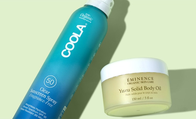 COOLA and Eminence Organics products lying next to each other.