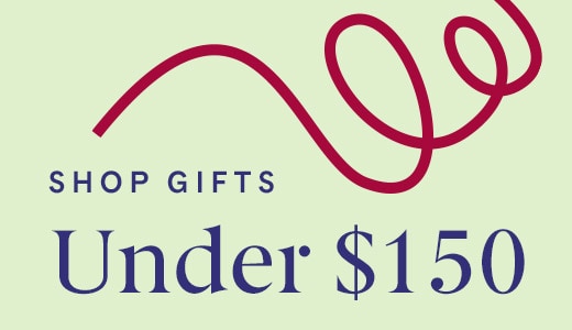 Shop gifts under $150 with decorative ribbon on mint green background