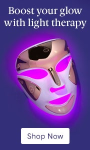 LED light therapy face mask glowing on a purple background with text 'Boost your glow with light therapy' and 'Shop Now' button