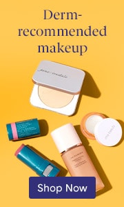 jane iredale PurePressed Base Mineral Foundation, Laura Mercier Foundation, and more makeup products on orange background. Shop Derm-recommended makeup on LovelySkin.com