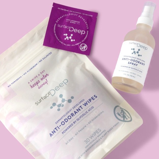 Surface deep anti-odorant products on a pink background.