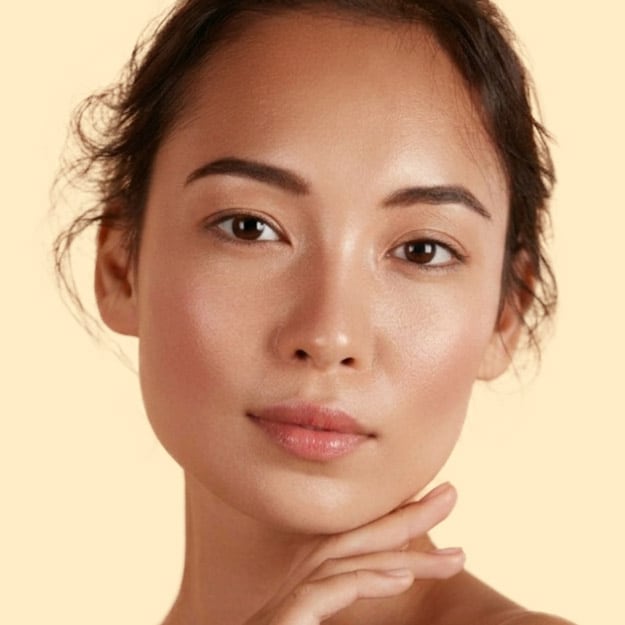 A woman with radiant, glowing skin poses against a soft yellow background.
