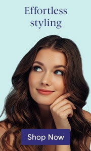 Young woman with wavy hair looking off into the distance. Text: 'Shop Now.'