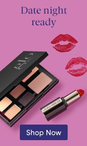 Date night ready makeup collection featuring eyeshadow palette and lipstick with Shop Now button.