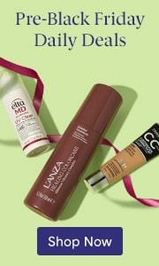 Pre-Black Friday Daily Deals featuring skin care products displayed on a light green background with decorative ribbon and a Shop Now button.