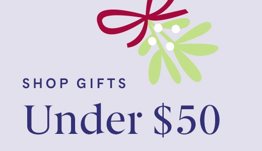 Shop gifts under $50 with festive bow and mistletoe decoration