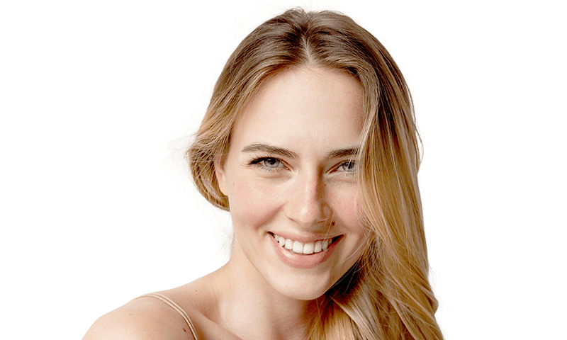 Smiling woman with long, healthy-looking blonde hair set against a soft background.